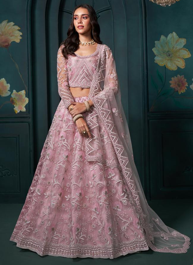 Net Lilac Wedding Wear Embroidery Work Lehenga Choli